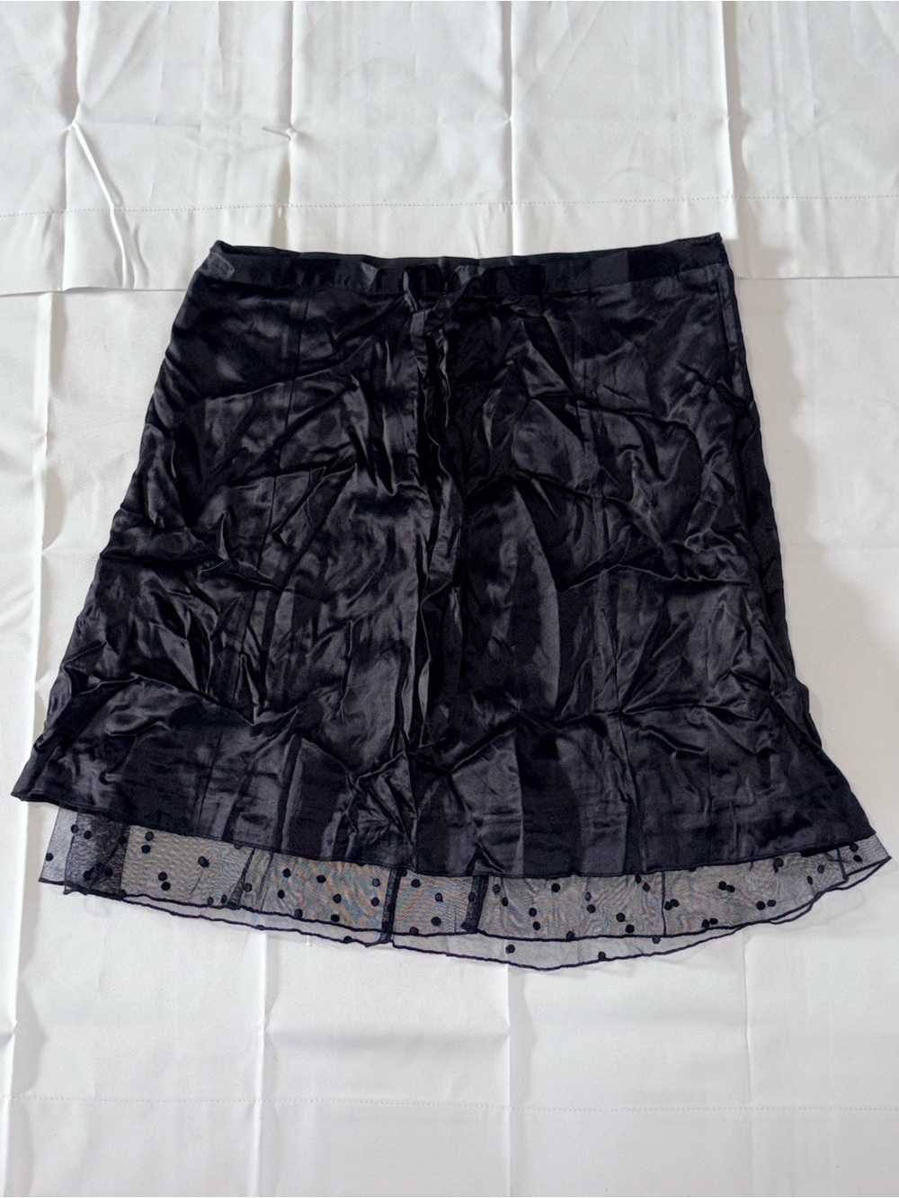 kenzie Black Satin A-Line Skirt with Polka Dot Mesh Trim